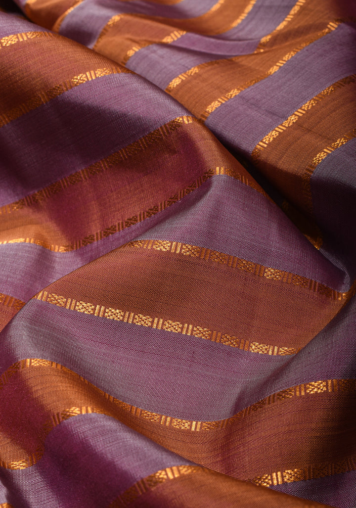 Kanjivaram Silk Saree in Dusty amethyst and sandstone Horizontal stripes with Zari Border | SILK MARK CERTIFIED