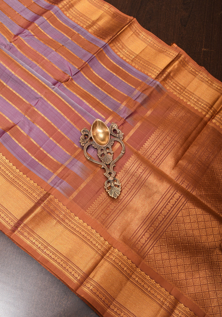 Kanjivaram Silk Saree in Dusty amethyst and sandstone Horizontal stripes with Zari Border | SILK MARK CERTIFIED