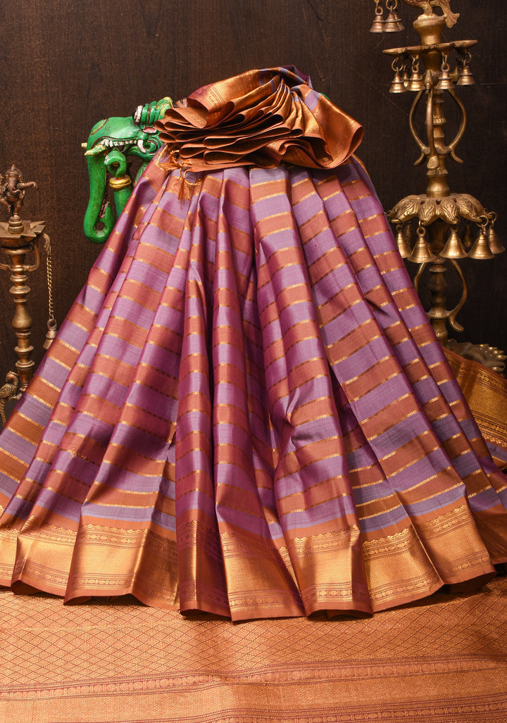 Kanjivaram Silk Saree in Dusty amethyst and sandstone Horizontal stripes with Zari Border | SILK MARK CERTIFIED