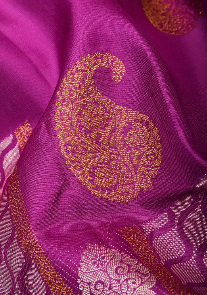 Borderless Magenta Kanjivaram Pure Silk Saree with Sona Rupa Stripes and Buttas and Contrast Yellow Pallu | SILK MARK CERTIFIED