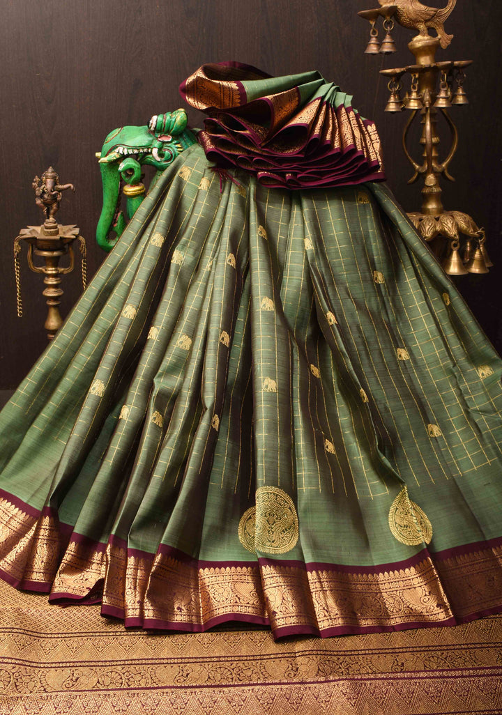 Bottle Green Kanjivaram Silk Saree with Zari Checks, Buttas and Contrast Rettaipet Zari Border | SILK MARK CERTIFIED (Copy)