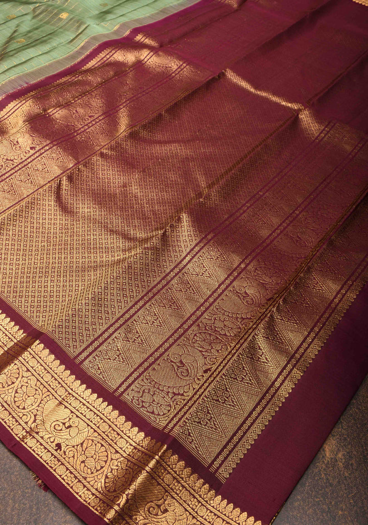 Bottle Green Kanjivaram Silk Saree with Zari Checks, Buttas and Contrast Rettaipet Zari Border | SILK MARK CERTIFIED (Copy)