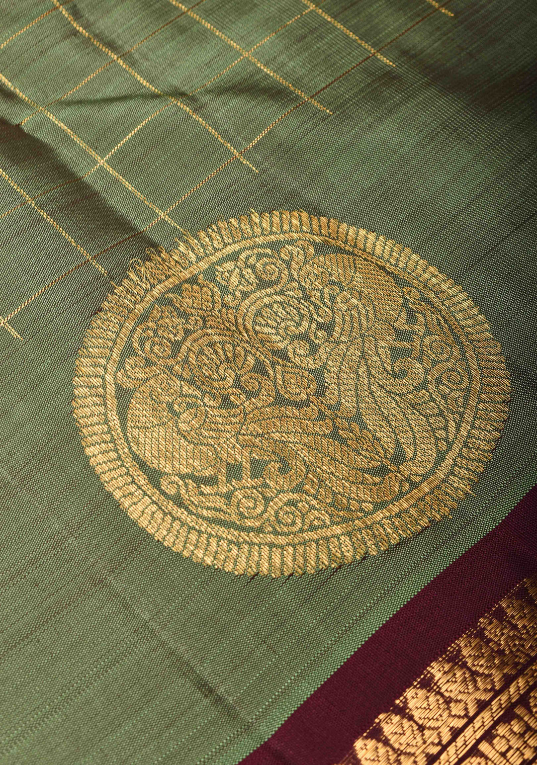 Bottle Green Kanjivaram Silk Saree with Zari Checks, Buttas and Contrast Rettaipet Zari Border | SILK MARK CERTIFIED (Copy)