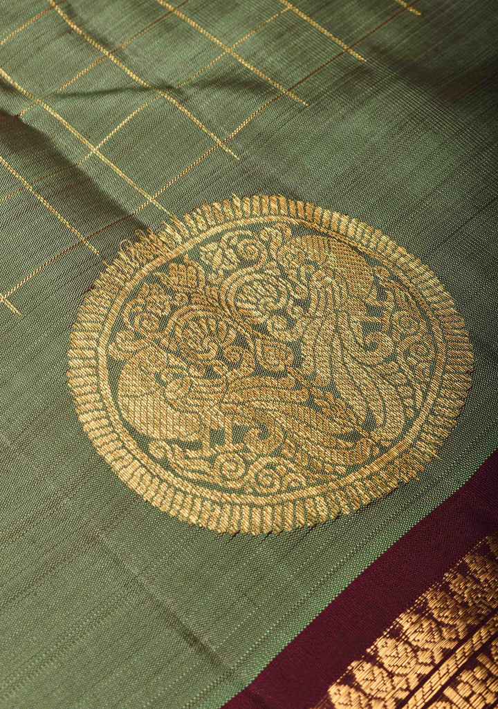 Bottle Green Kanjivaram Silk Saree with Zari Checks, Buttas and Contrast Rettaipet Zari Border | SILK MARK CERTIFIED (Copy)