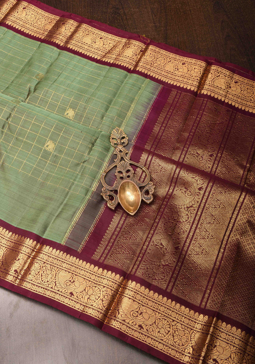 Bottle Green Kanjivaram Silk Saree with Zari Checks, Buttas and Contrast Rettaipet Zari Border | SILK MARK CERTIFIED (Copy)