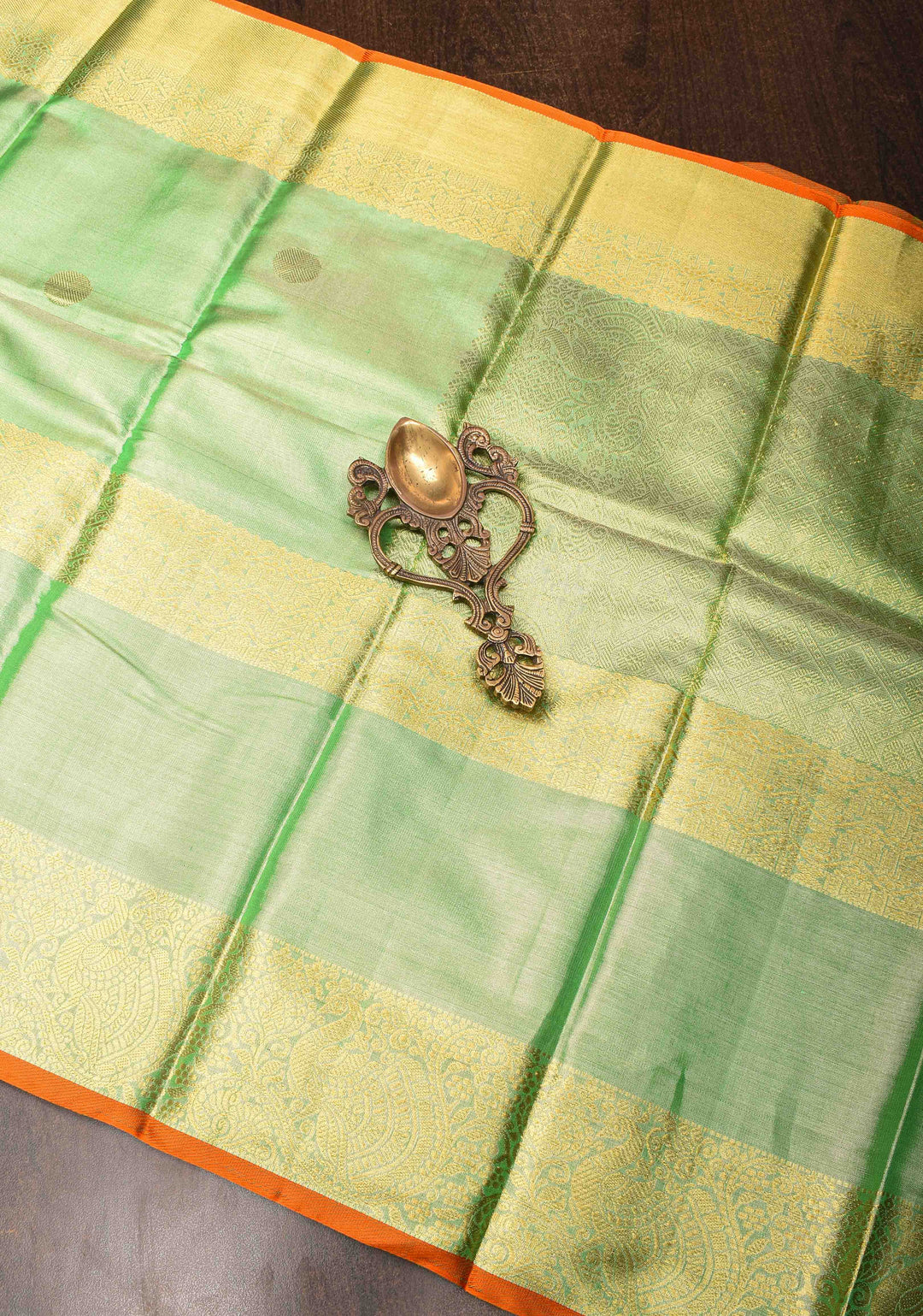 Light Green Tissue Kanjivaram Pure Silk Saree with Coin Motif and Zari Border | SILK MARK CERTIFIED