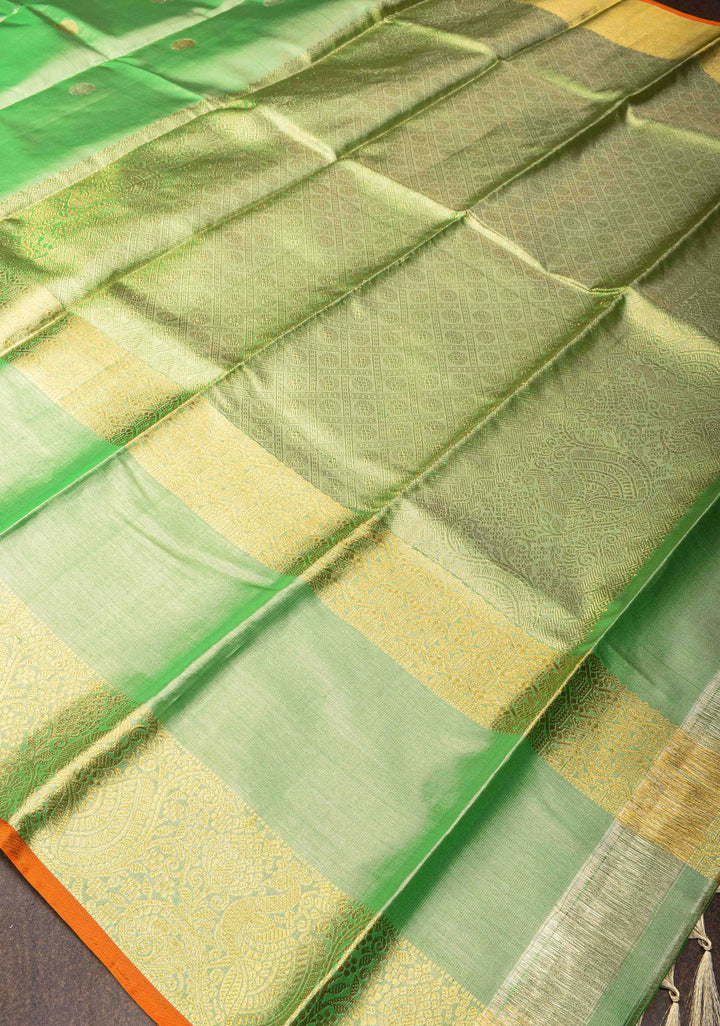 Light Green Tissue Kanjivaram Pure Silk Saree with Coin Motif and Zari Border | SILK MARK CERTIFIED