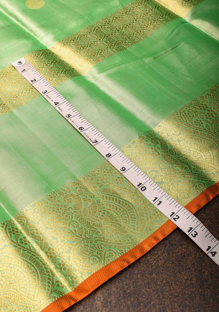 Light Green Tissue Kanjivaram Pure Silk Saree with Coin Motif and Zari Border | SILK MARK CERTIFIED