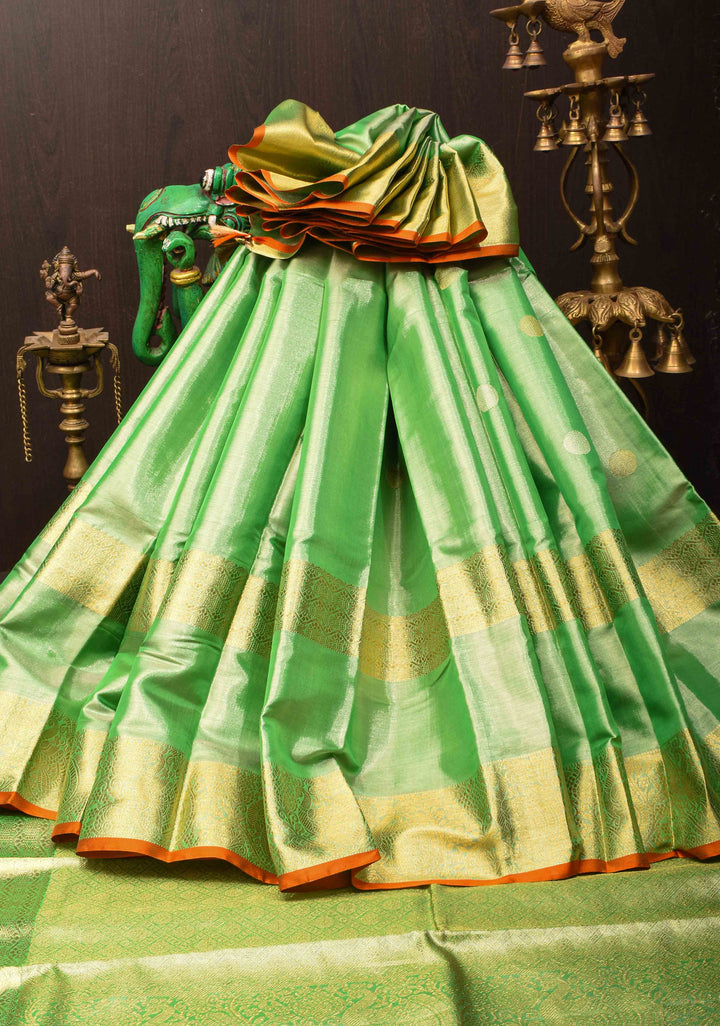Light Green Tissue Kanjivaram Pure Silk Saree with Coin Motif and Zari Border | SILK MARK CERTIFIED