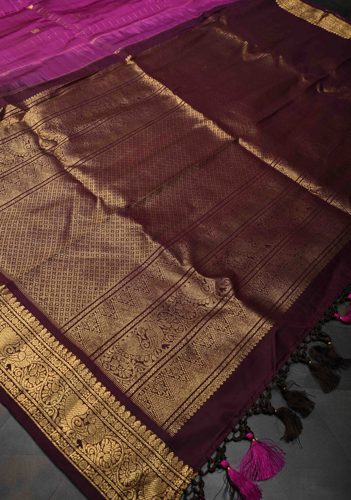 Magenta Zari Checks Kanjivaram Silk Saree with Buttas and Contrast Zari Border | SILK MARK CERTIFIED