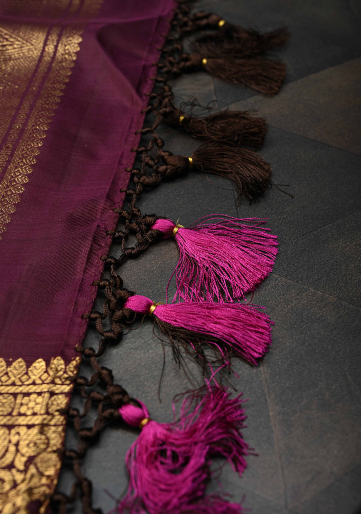 Magenta Zari Checks Kanjivaram Silk Saree with Buttas and Contrast Zari Border | SILK MARK CERTIFIED
