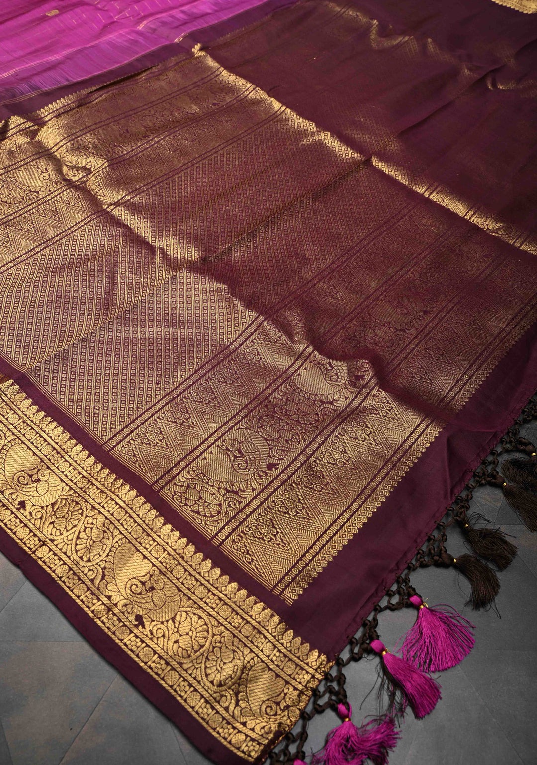 Magenta Zari Checks Kanjivaram Silk Saree with Buttas and Contrast Zari Border | SILK MARK CERTIFIED