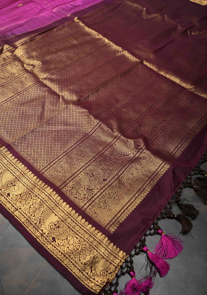 Magenta Zari Checks Kanjivaram Silk Saree with Buttas and Contrast Zari Border | SILK MARK CERTIFIED