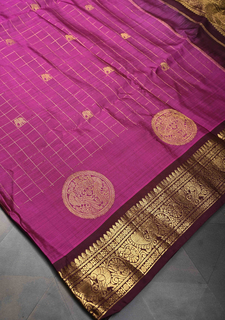 Magenta Zari Checks Kanjivaram Silk Saree with Buttas and Contrast Zari Border | SILK MARK CERTIFIED