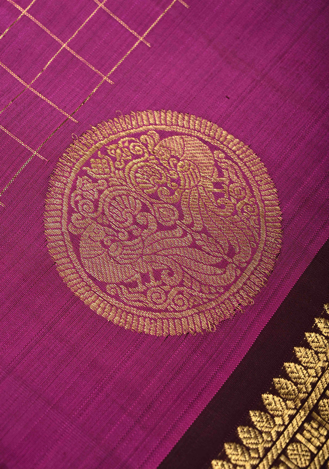 Magenta Zari Checks Kanjivaram Silk Saree with Buttas and Contrast Zari Border | SILK MARK CERTIFIED