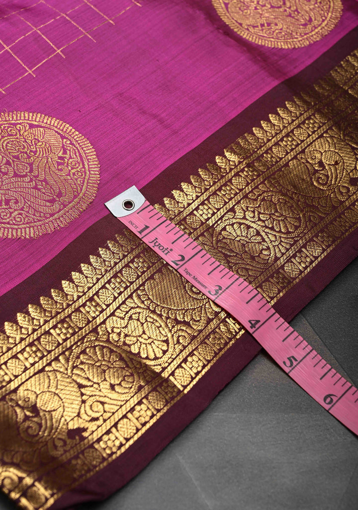 Magenta Zari Checks Kanjivaram Silk Saree with Buttas and Contrast Zari Border | SILK MARK CERTIFIED