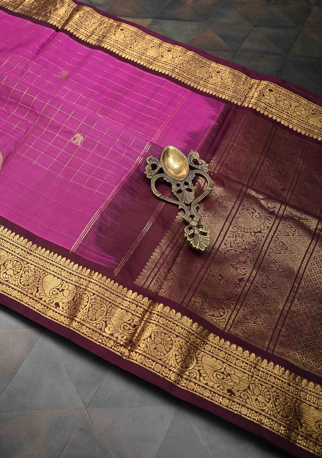 Magenta Zari Checks Kanjivaram Silk Saree with Buttas and Contrast Zari Border | SILK MARK CERTIFIED