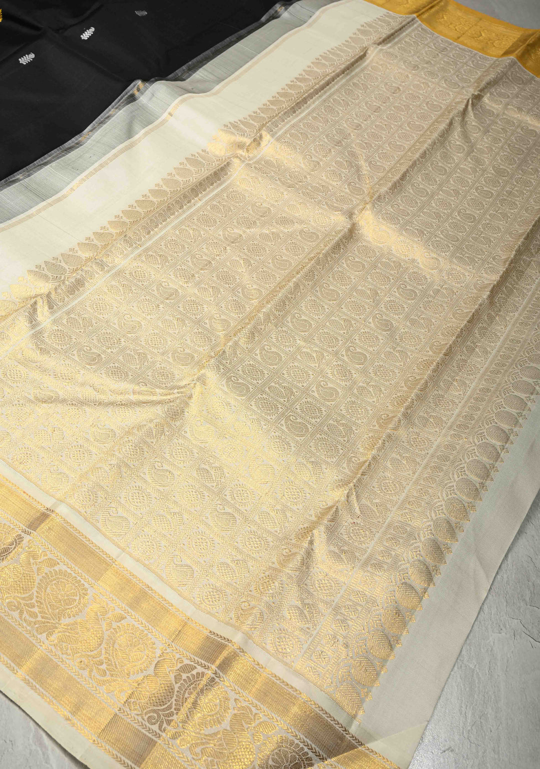 Black Pure Kanjivaram Silk Saree with Meenakari Resham Buttas and Contrast Korvai Ganga Jamuna Border | SILK MARK CERTIFIED