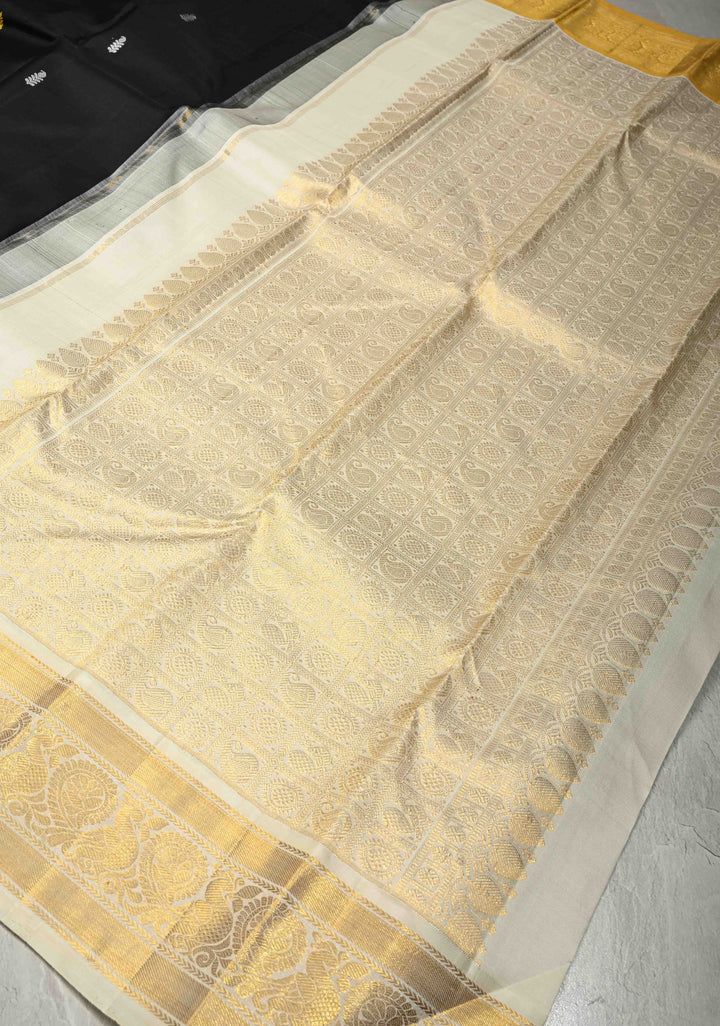 Black Pure Kanjivaram Silk Saree with Meenakari Resham Buttas and Contrast Korvai Ganga Jamuna Border | SILK MARK CERTIFIED