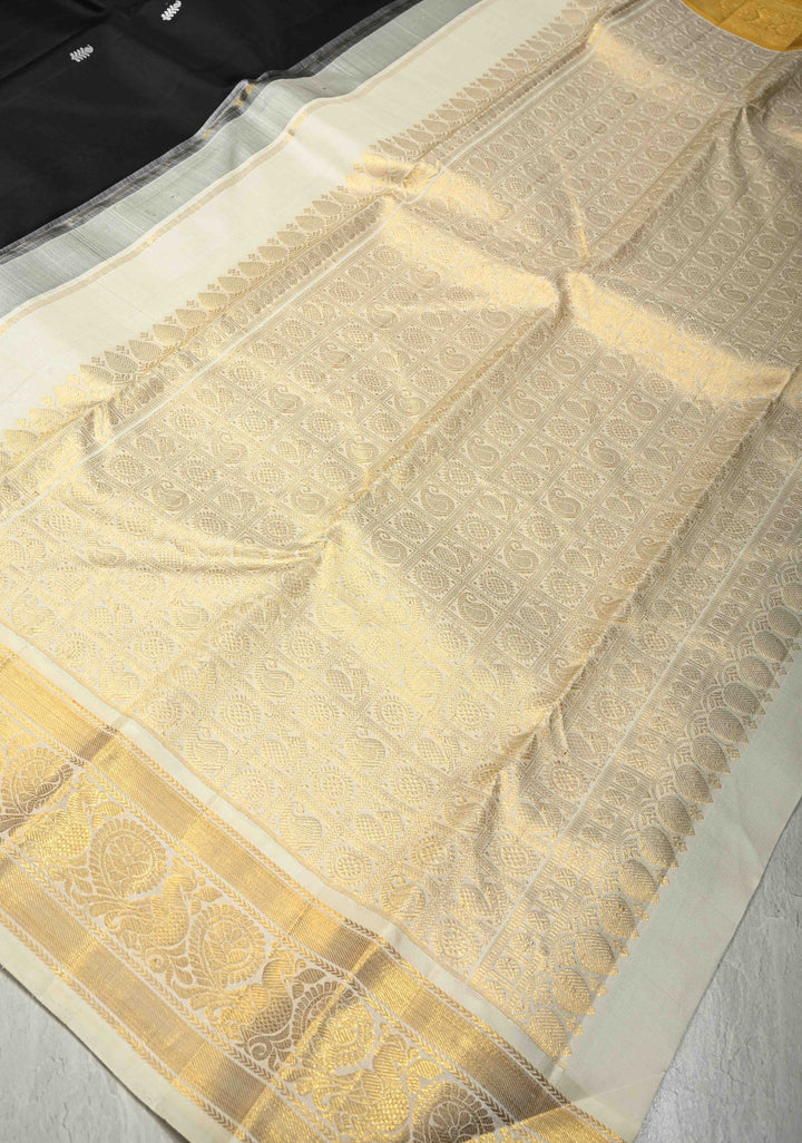 Black Pure Kanjivaram Silk Saree with Meenakari Resham Buttas and Contrast Korvai Ganga Jamuna Border | SILK MARK CERTIFIED