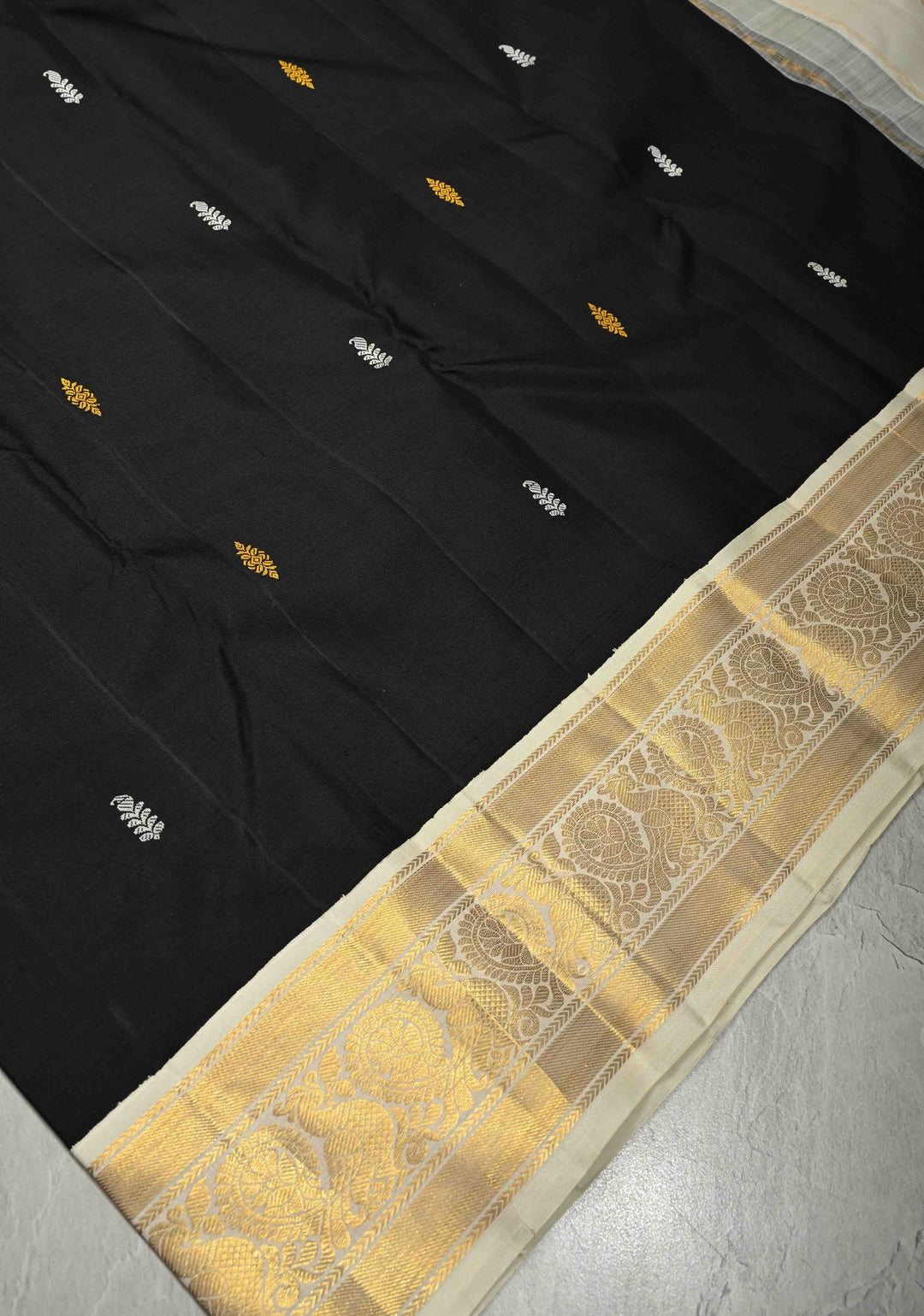 Black Pure Kanjivaram Silk Saree with Meenakari Resham Buttas and Contrast Korvai Ganga Jamuna Border | SILK MARK CERTIFIED