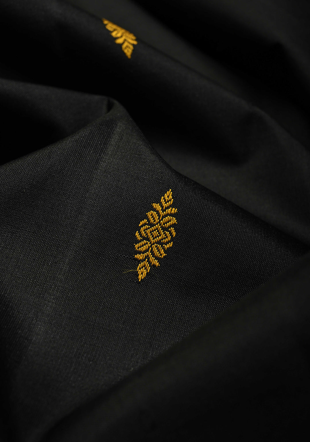 Black Pure Kanjivaram Silk Saree with Meenakari Resham Buttas and Contrast Korvai Ganga Jamuna Border | SILK MARK CERTIFIED