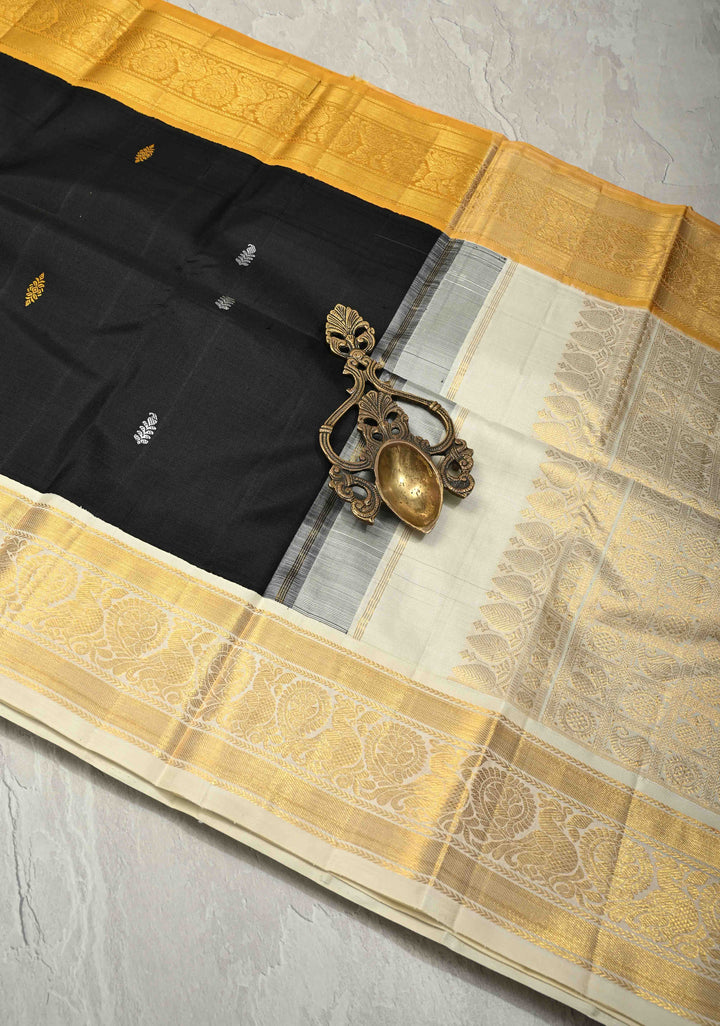 Black Pure Kanjivaram Silk Saree with Meenakari Resham Buttas and Contrast Korvai Ganga Jamuna Border | SILK MARK CERTIFIED
