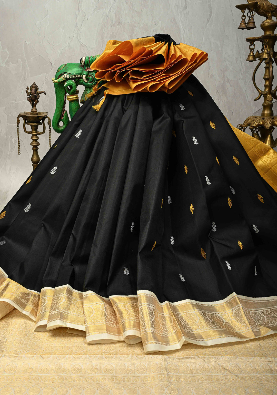 Black Pure Kanjivaram Silk Saree with Meenakari Resham Buttas and Contrast Korvai Ganga Jamuna Border | SILK MARK CERTIFIED