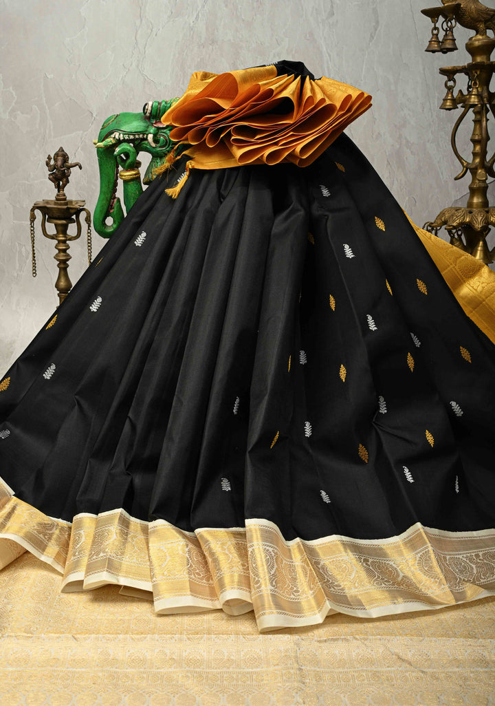 Black Pure Kanjivaram Silk Saree with Meenakari Resham Buttas and Contrast Korvai Ganga Jamuna Border | SILK MARK CERTIFIED