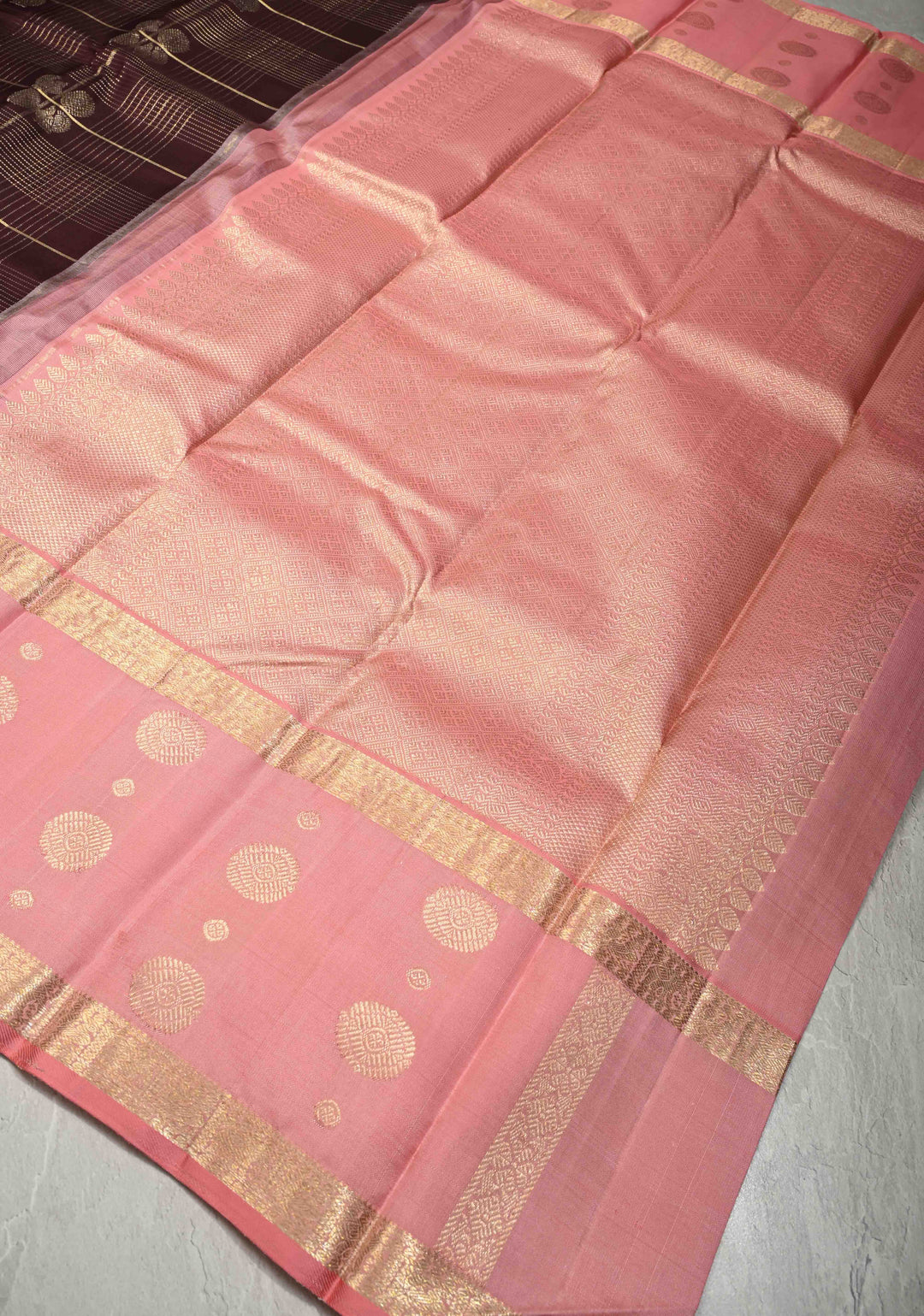 Chocolate Brown Zari Checks on Pure Kanjivaram Silk Saree with Peacock Buttas and Distinct Annapakshi Motifs on Pink Contrast Border | SILK MARK CERTIFIED