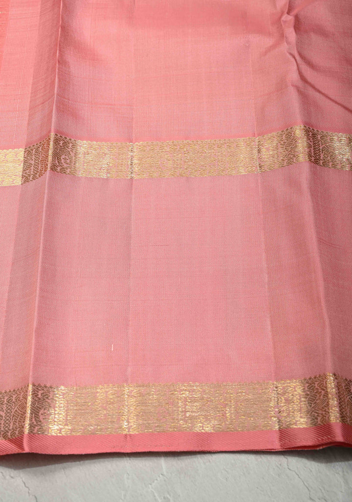 Chocolate Brown Zari Checks on Pure Kanjivaram Silk Saree with Peacock Buttas and Distinct Annapakshi Motifs on Pink Contrast Border | SILK MARK CERTIFIED