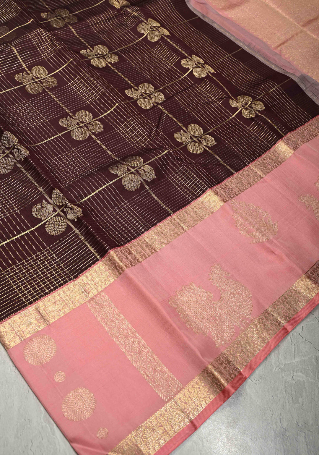 Chocolate Brown Zari Checks on Pure Kanjivaram Silk Saree with Peacock Buttas and Distinct Annapakshi Motifs on Pink Contrast Border | SILK MARK CERTIFIED