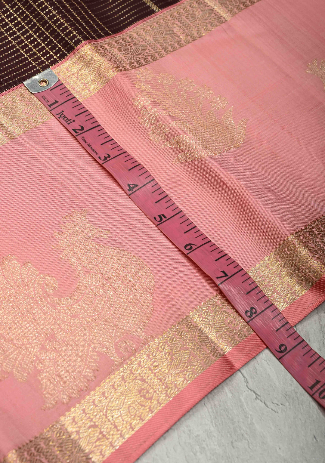 Chocolate Brown Zari Checks on Pure Kanjivaram Silk Saree with Peacock Buttas and Distinct Annapakshi Motifs on Pink Contrast Border | SILK MARK CERTIFIED