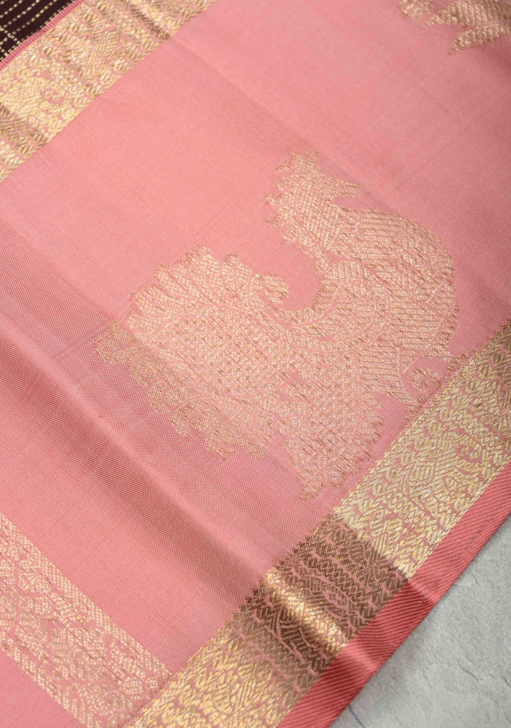 Chocolate Brown Zari Checks on Pure Kanjivaram Silk Saree with Peacock Buttas and Distinct Annapakshi Motifs on Pink Contrast Border | SILK MARK CERTIFIED