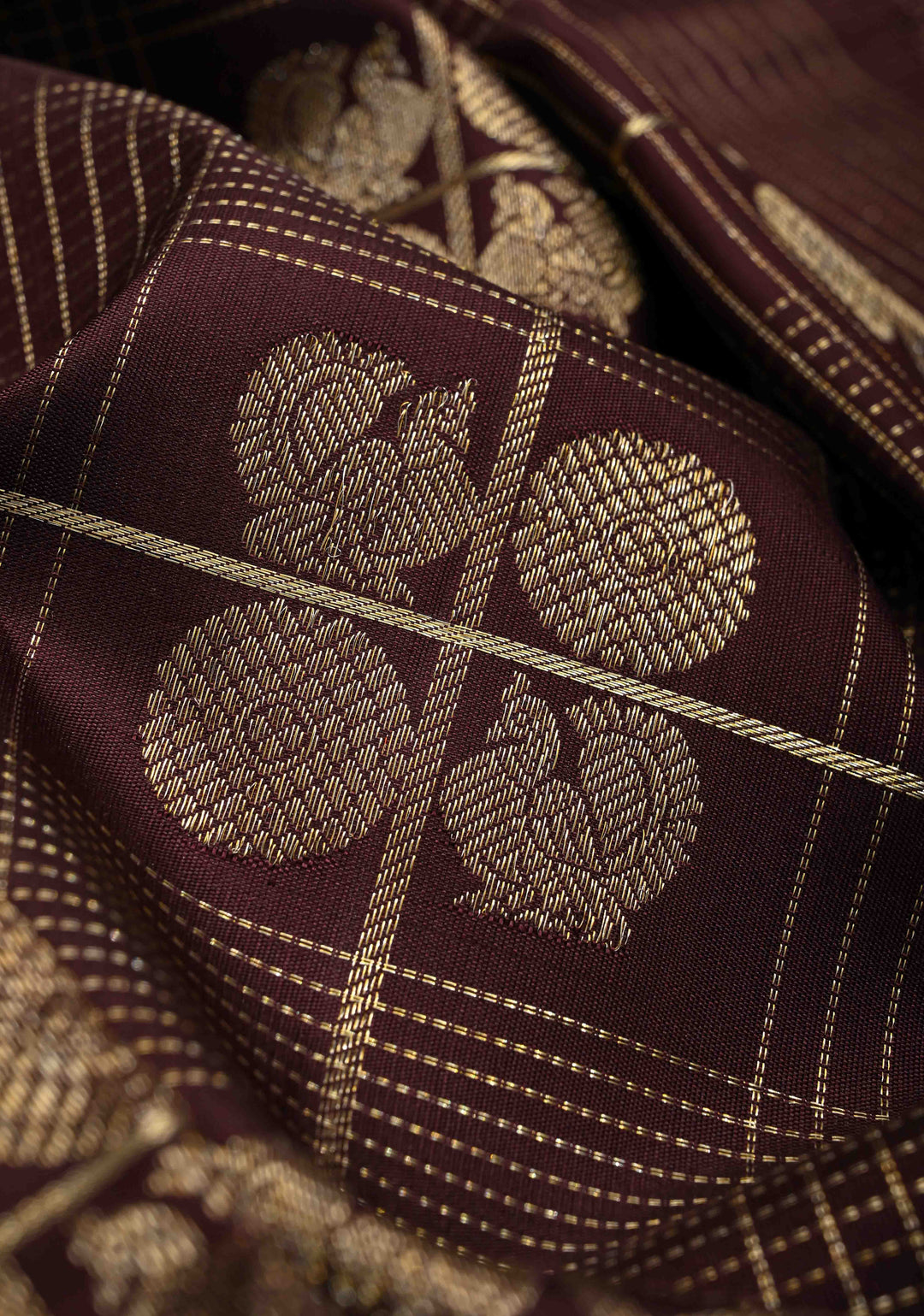 Chocolate Brown Zari Checks on Pure Kanjivaram Silk Saree with Peacock Buttas and Distinct Annapakshi Motifs on Pink Contrast Border | SILK MARK CERTIFIED