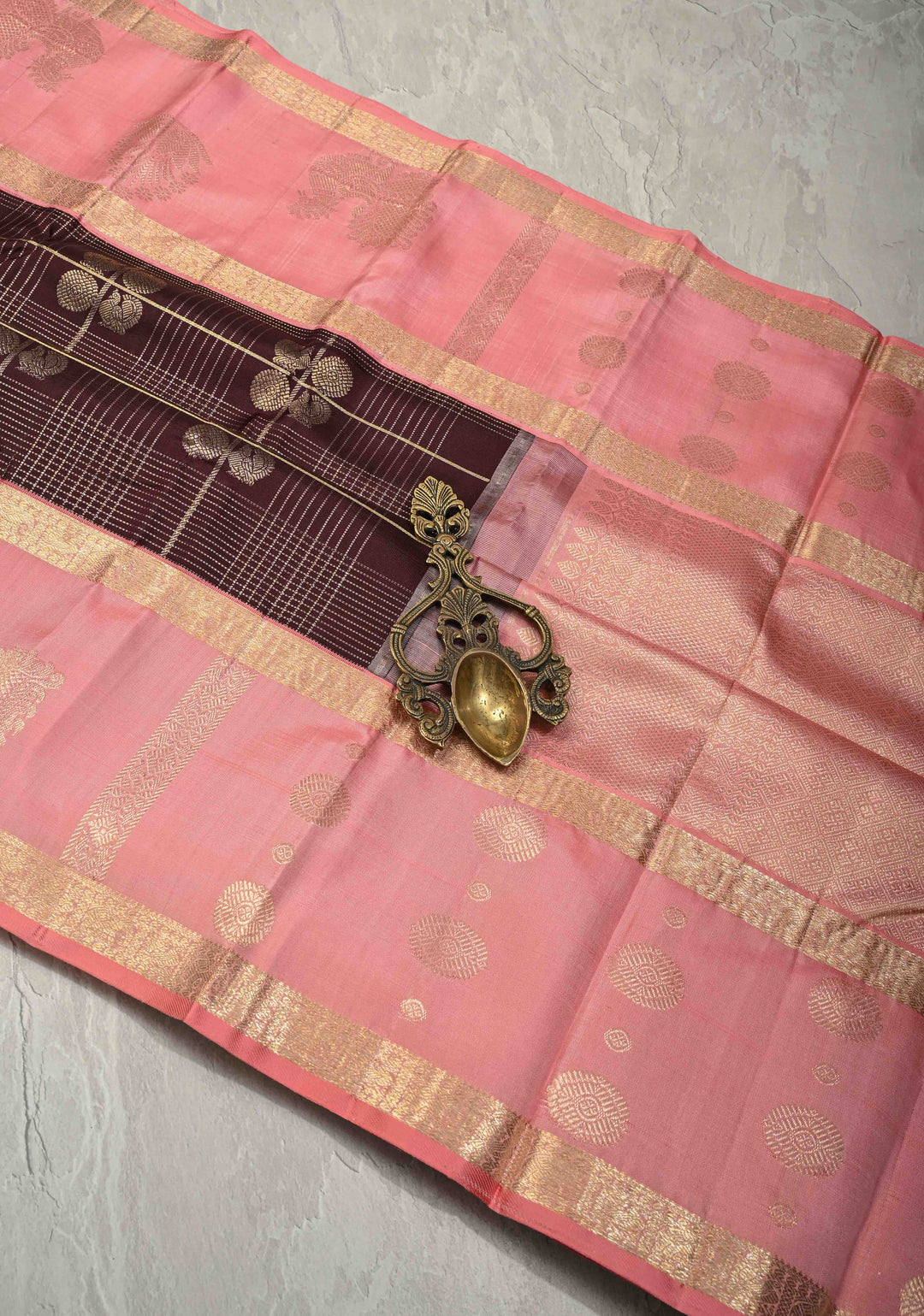 Chocolate Brown Zari Checks on Pure Kanjivaram Silk Saree with Peacock Buttas and Distinct Annapakshi Motifs on Pink Contrast Border | SILK MARK CERTIFIED