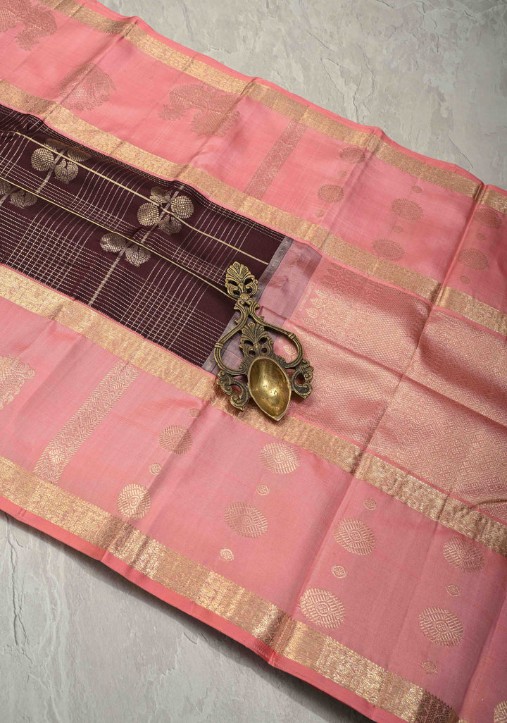 Chocolate Brown Zari Checks on Pure Kanjivaram Silk Saree with Peacock Buttas and Distinct Annapakshi Motifs on Pink Contrast Border | SILK MARK CERTIFIED