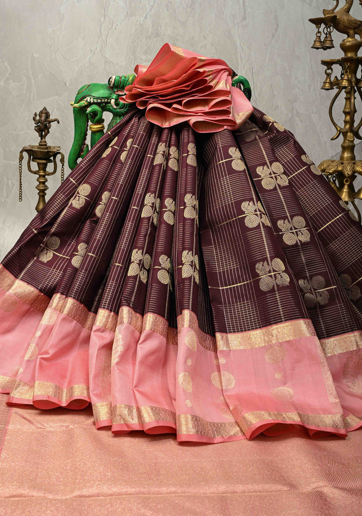 Chocolate Brown Zari Checks on Pure Kanjivaram Silk Saree with Peacock Buttas and Distinct Annapakshi Motifs on Pink Contrast Border | SILK MARK CERTIFIED