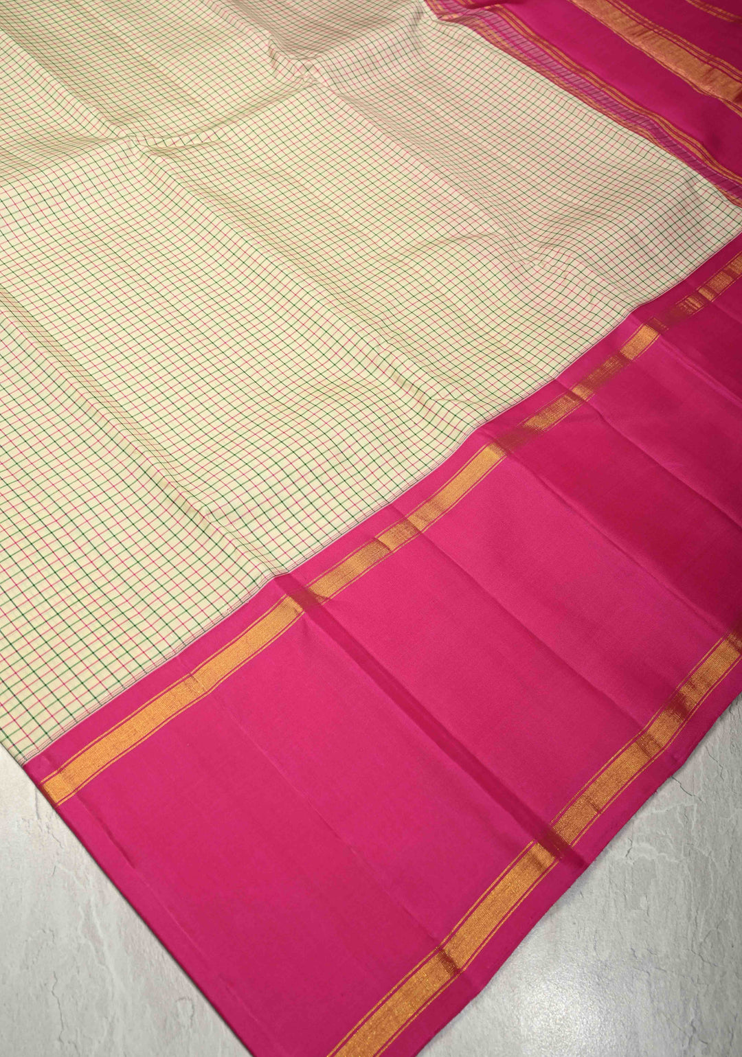 Cream Pure Kanjivaram Silk Saree with Thread Checks and Contrast Ganga Jamuna Border | SILK MARK CERTIFIED
