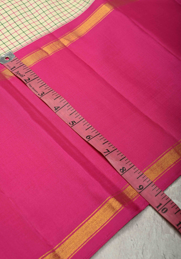 Cream Pure Kanjivaram Silk Saree with Thread Checks and Contrast Ganga Jamuna Border | SILK MARK CERTIFIED