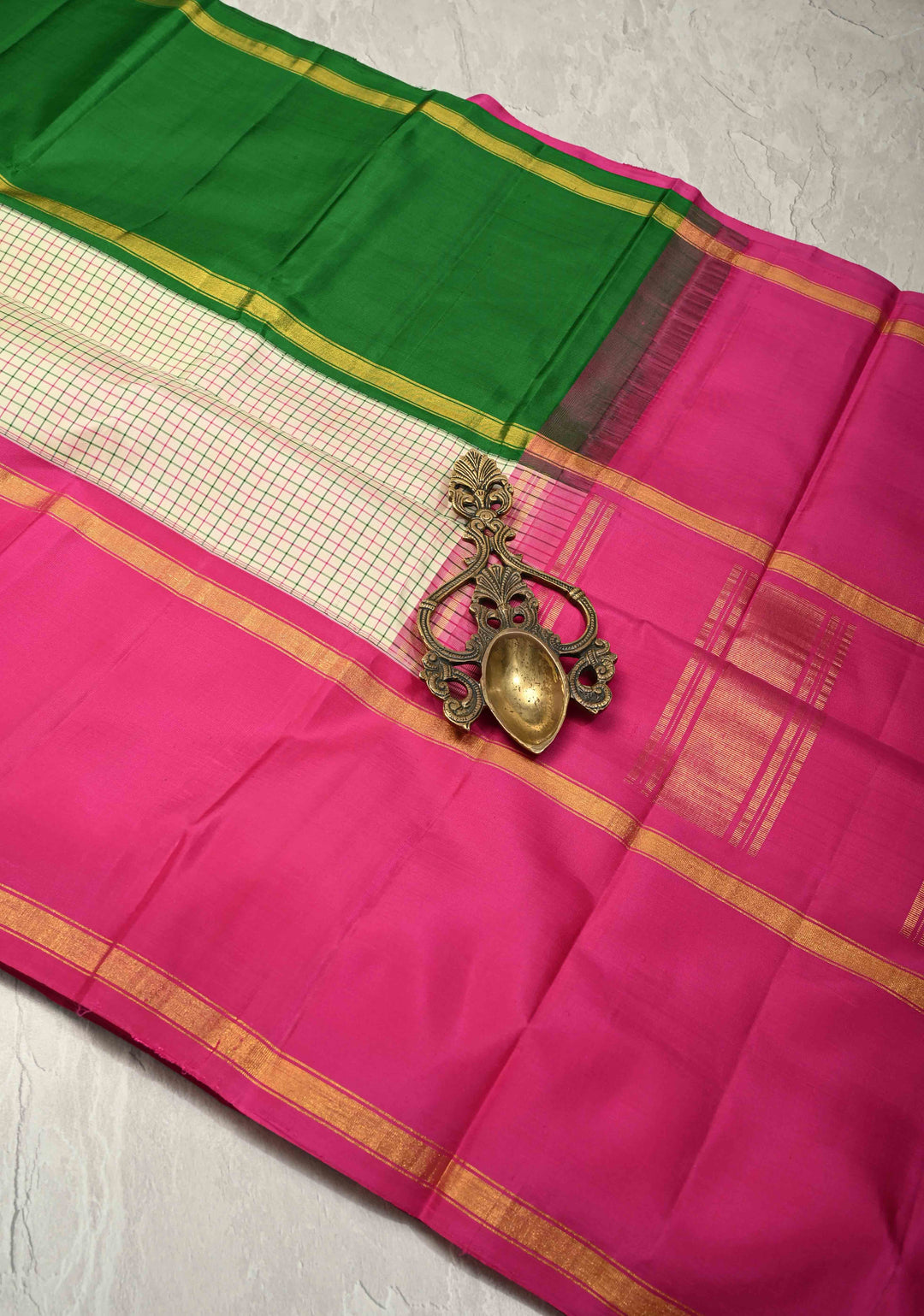 Cream Pure Kanjivaram Silk Saree with Thread Checks and Contrast Ganga Jamuna Border | SILK MARK CERTIFIED