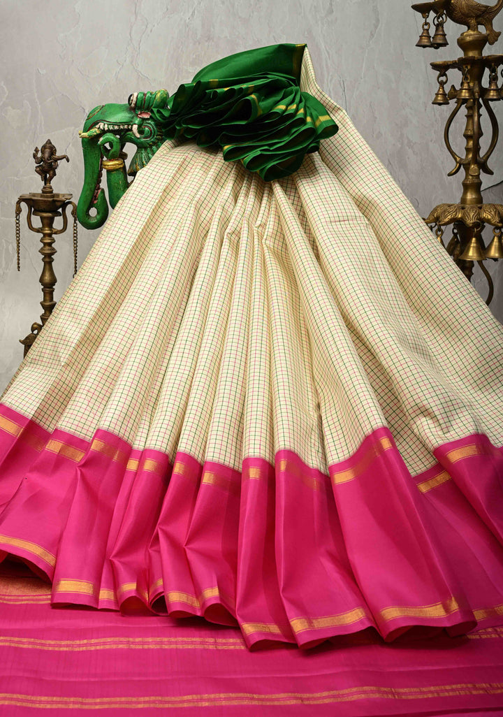 Cream Pure Kanjivaram Silk Saree with Thread Checks and Contrast Ganga Jamuna Border | SILK MARK CERTIFIED