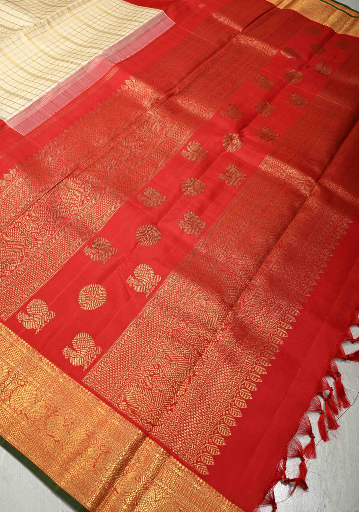 3 Gram Pure Zari Ivory-Blood Red Pure Kanjivaram Silk Saree with Zari Buttas-Checks and Zari Border | SILK MARK CERTIFIED