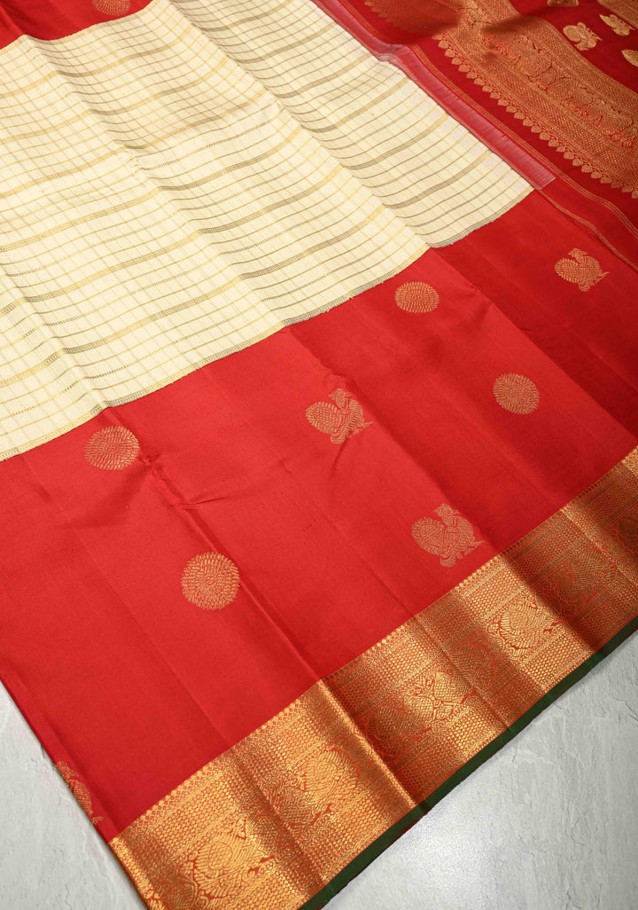 3 Gram Pure Zari Ivory-Blood Red Pure Kanjivaram Silk Saree with Zari Buttas-Checks and Zari Border | SILK MARK CERTIFIED