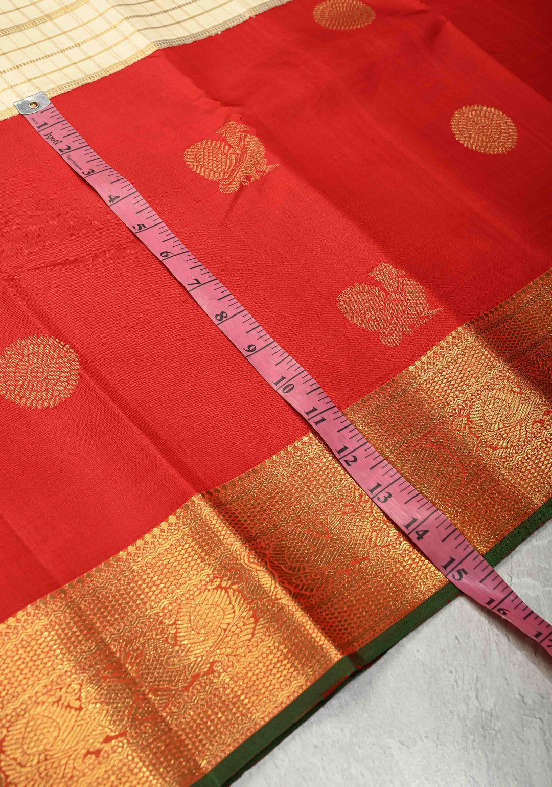 3 Gram Pure Zari Ivory-Blood Red Pure Kanjivaram Silk Saree with Zari Buttas-Checks and Zari Border | SILK MARK CERTIFIED