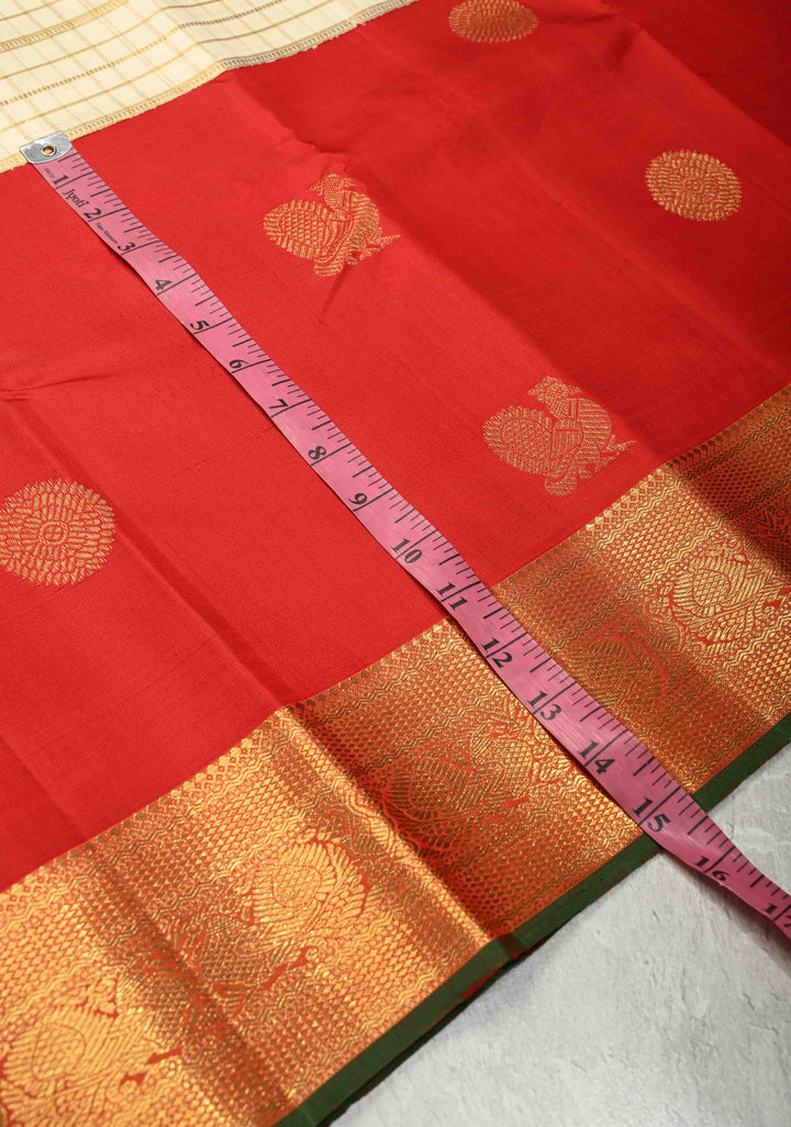 3 Gram Pure Zari Ivory-Blood Red Pure Kanjivaram Silk Saree with Zari Buttas-Checks and Zari Border | SILK MARK CERTIFIED