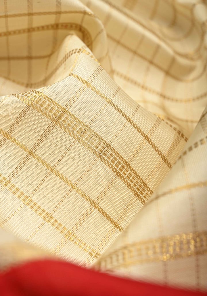 3 Gram Pure Zari Ivory-Blood Red Pure Kanjivaram Silk Saree with Zari Buttas-Checks and Zari Border | SILK MARK CERTIFIED