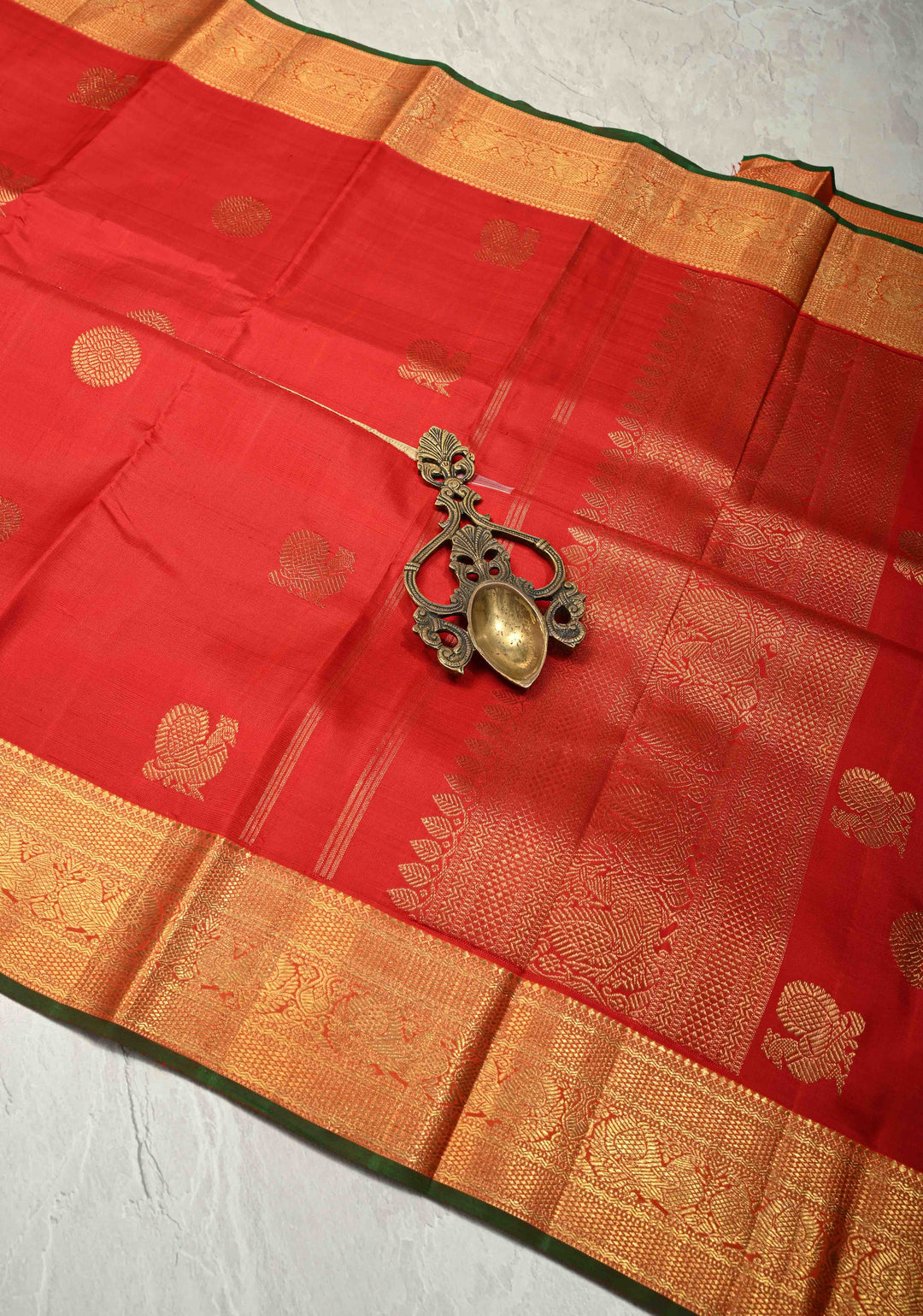 3 Gram Pure Zari Ivory-Blood Red Pure Kanjivaram Silk Saree with Zari Buttas-Checks and Zari Border | SILK MARK CERTIFIED