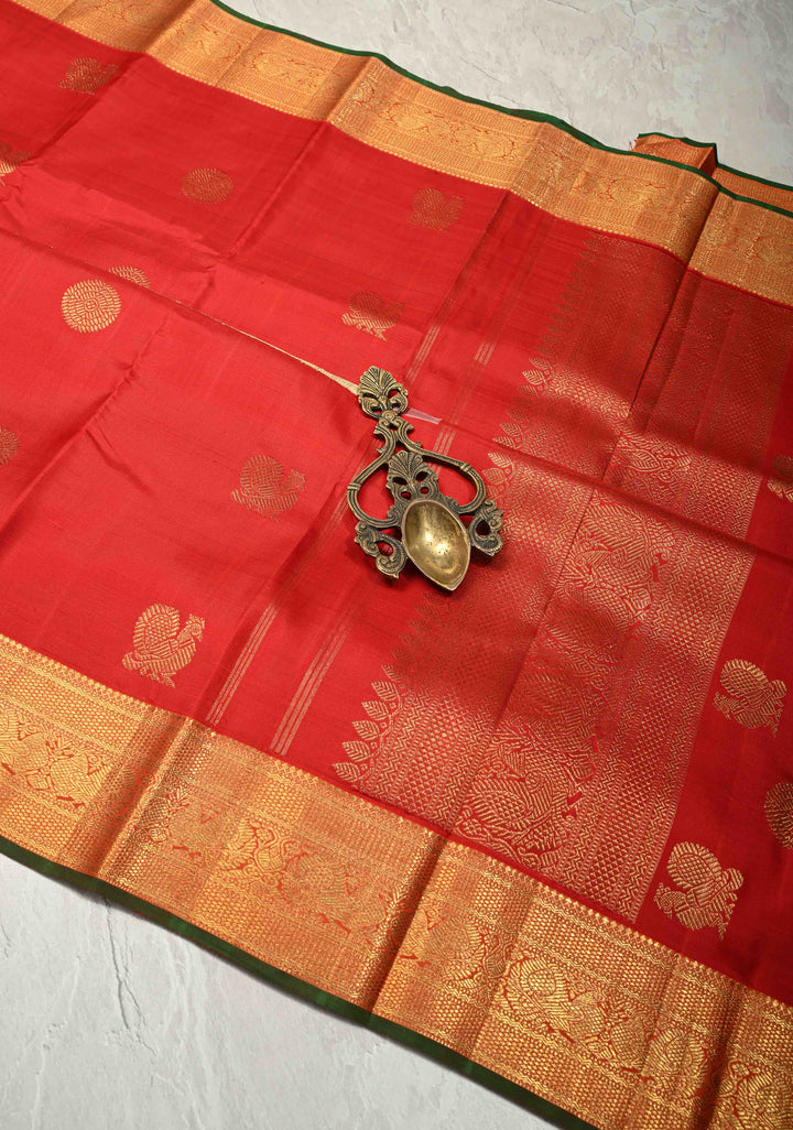 3 Gram Pure Zari Ivory-Blood Red Pure Kanjivaram Silk Saree with Zari Buttas-Checks and Zari Border | SILK MARK CERTIFIED