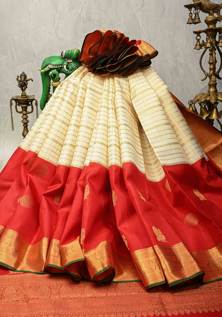 3 Gram Pure Zari Ivory-Blood Red Pure Kanjivaram Silk Saree with Zari Buttas-Checks and Zari Border | SILK MARK CERTIFIED